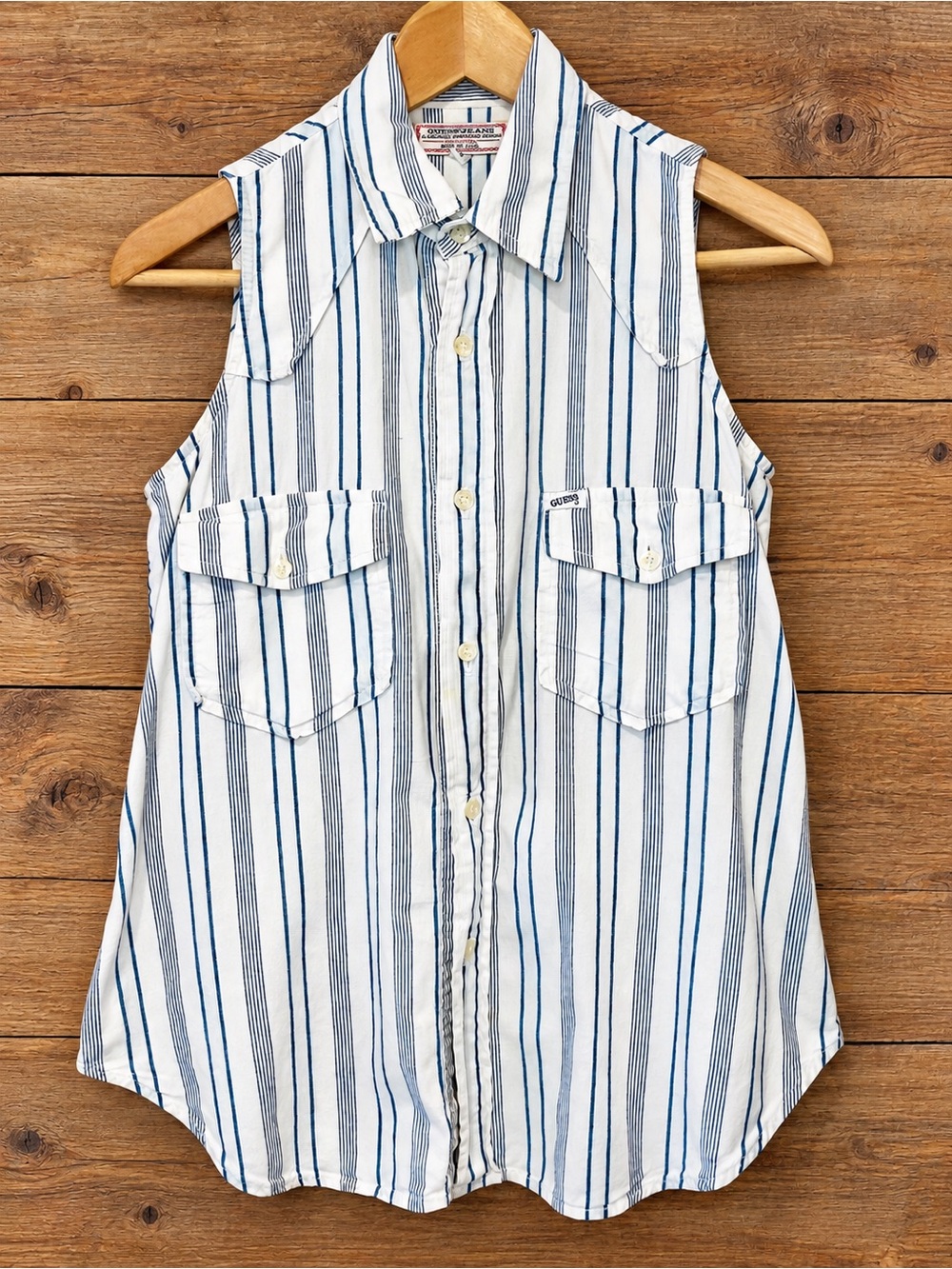 GUESS Vintage 80s 90s Striped Utility Button Down Sleeveless Top Preppy Size M